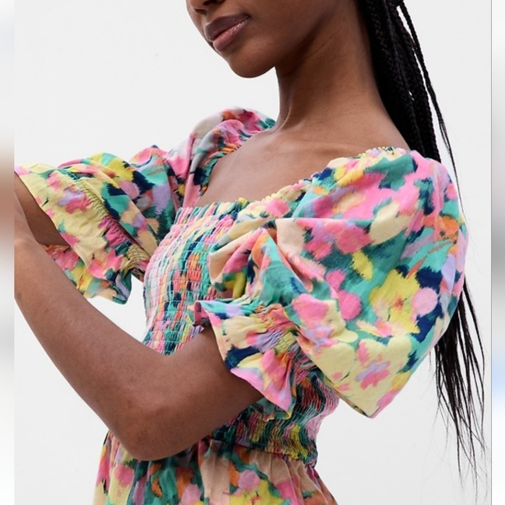 GAP Dress. Pink and Yellow Watercolor. Puff Sleeve. Mini Dress. SOLD OUT!